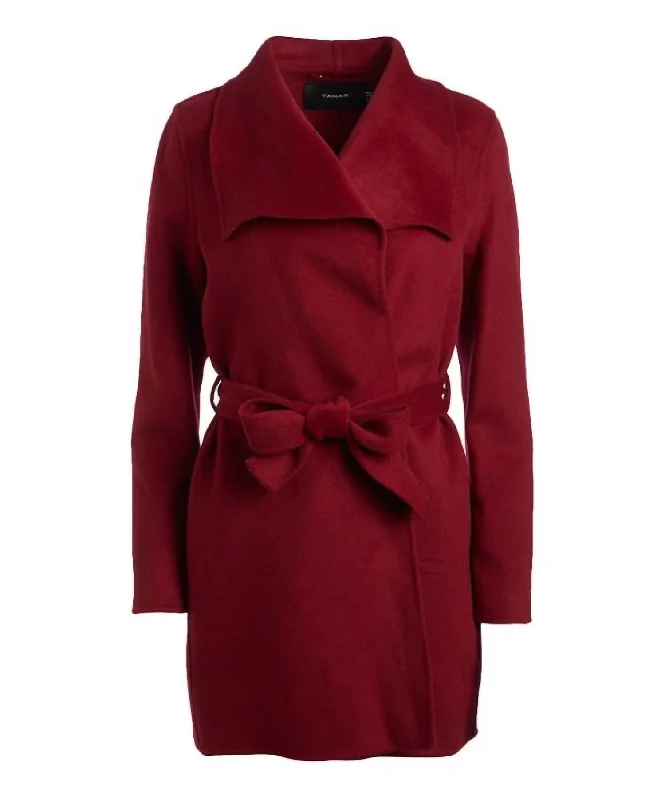 Sweet Words Women Large Collar Belted Wool Blend Coat Jacket In Deep Red