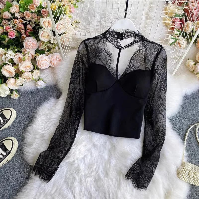Sports Jumpsuit sexy see-through halter neck lace shirt for women      S3889