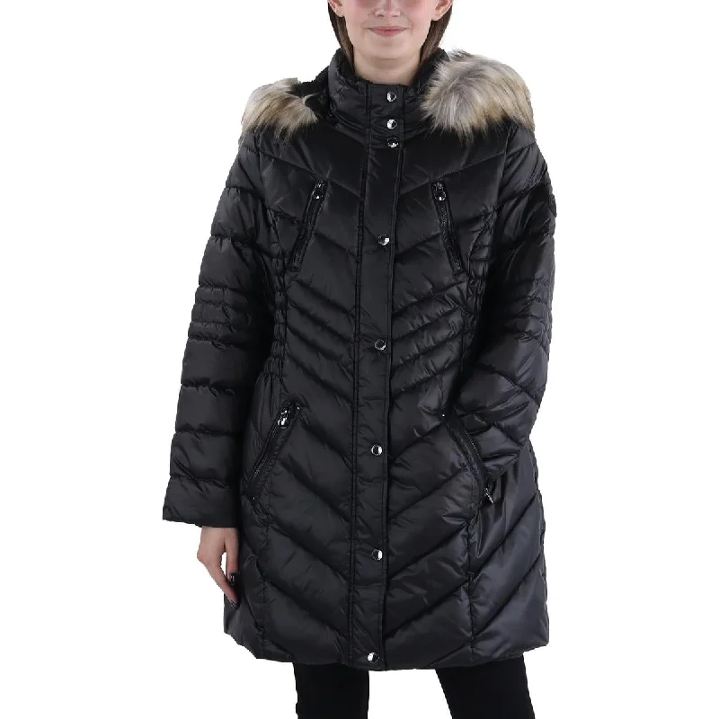 Round neck design Plus Womens Faux Fur Trim Hooded Puffer Jacket