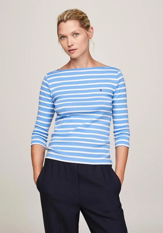 Trendy and versatile Tommy Hilfiger Womens Boat Neck Slim Fit T-Shirt, Blue Spell