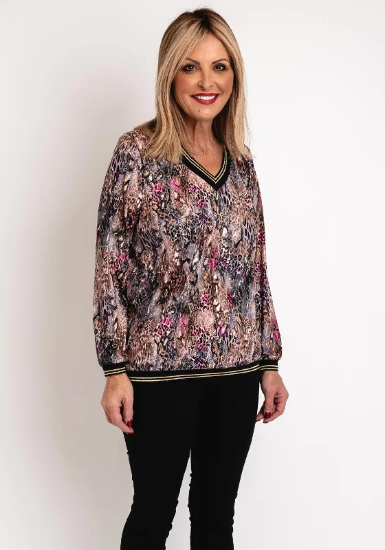Classic style Leon Collection Animal Print V-Neck Top, Brown
