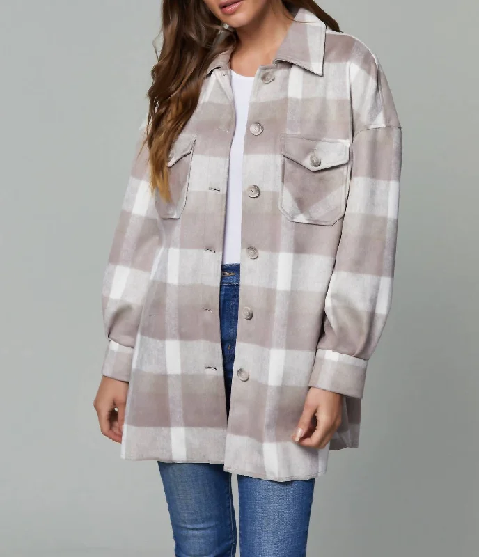 Sweet Small Flower Pattern Plaid Shacket Front Pockets In Taupe