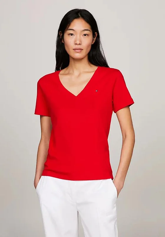 Sweet College Style Tommy Hilfiger V-Neck Slim Fit Ribbed T-Shirt, Fierce Red