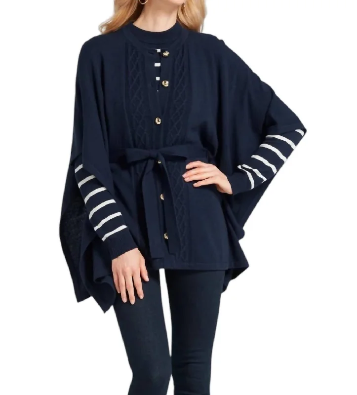 Retro Stripes Cable Knit Sweater Cape In Nassau Navy