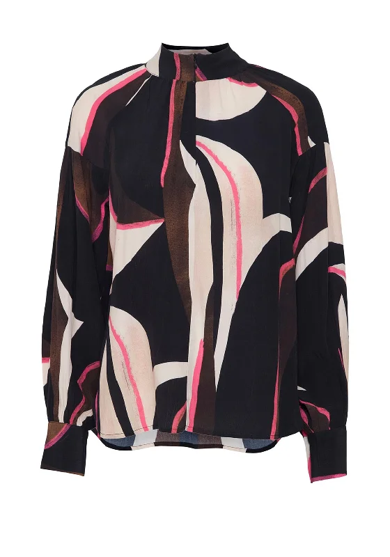 Sports Fitness Style Fransa Lena Zip Neck Abstract Print Blouse, Navy & Pink