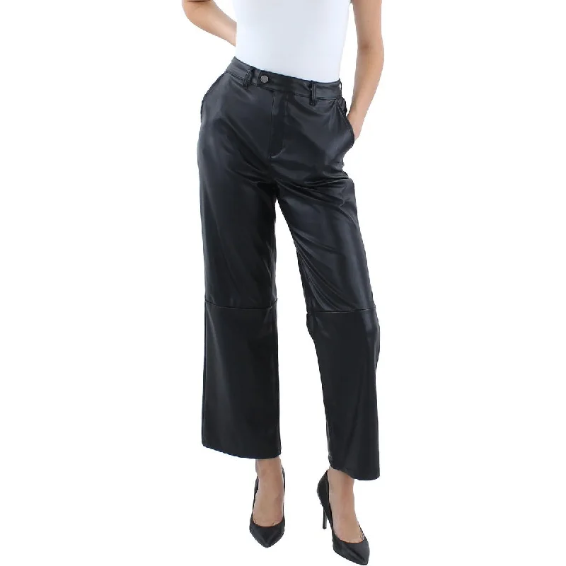 Retro Literary Style Tinsel Womens Petites Faux Leather High Rise Straight Leg Pants Retro Literary Style Tinsel Womens Petites Faux Leather High Rise Straight Leg Pants