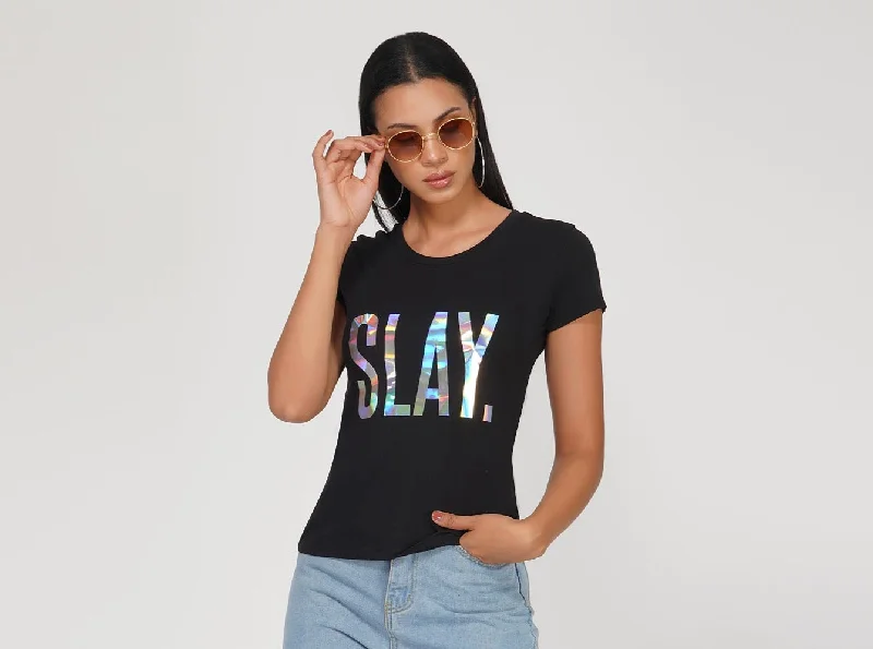 High-end atmosphere SLAY. Women's 💎 Edition Holographic Reflective Foil Print T-shirt