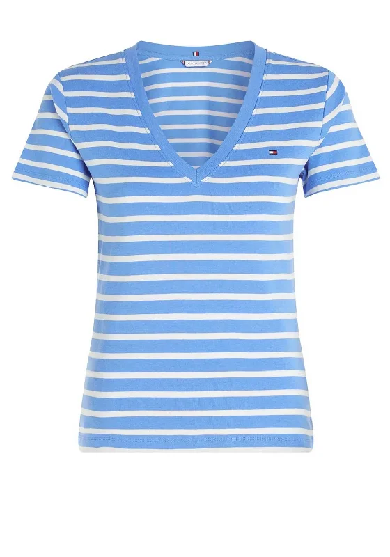 Sweet And Cute Style Tommy Hilfiger V-Neck Slim Fit Striped T-Shirt, Blue Spell