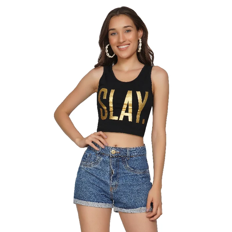 Sweet Lace Design SLAY. Women's Crop Top Limited Edition Gold Foil Reflective Print