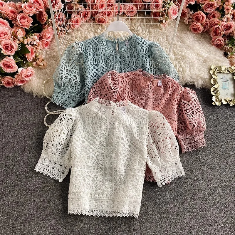 Sports Tights Puff-sleeved lace shirt short-sleeved solid color short top for women      S3898