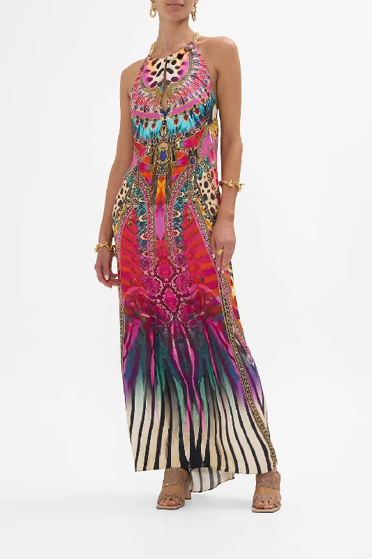 Boutique style LOW BACK LONG DRESS WITH NECK HARDWARE SAHARA SUPERNATURAL