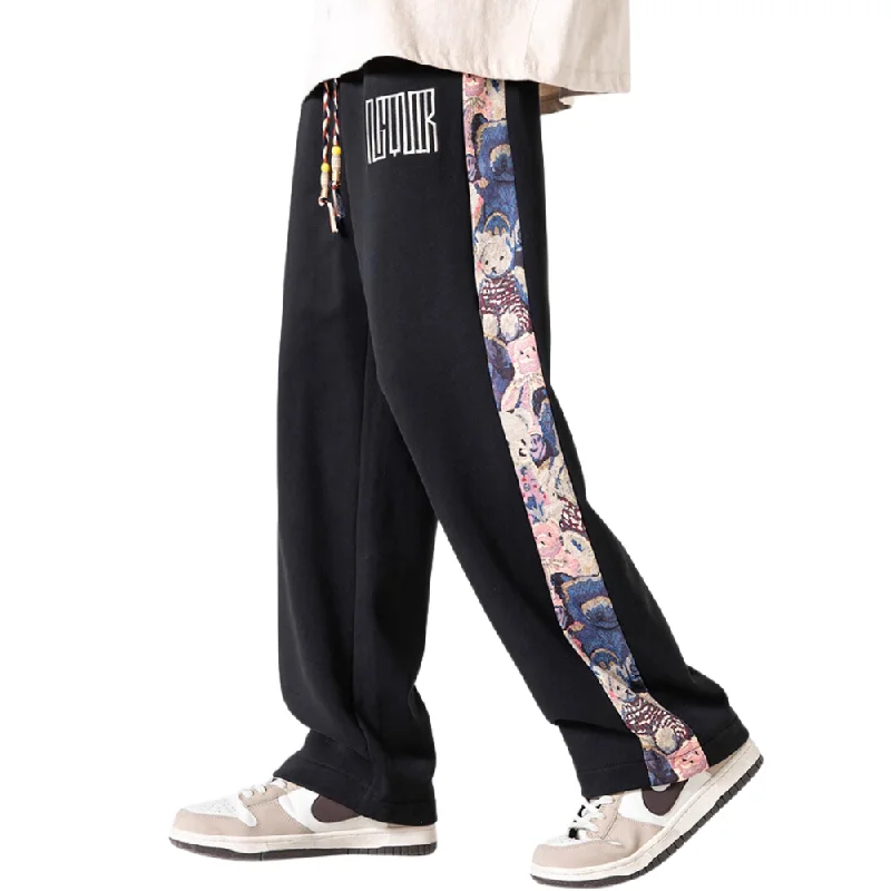 Retro Literary Style Japanese Side Bear Print Sweatpants