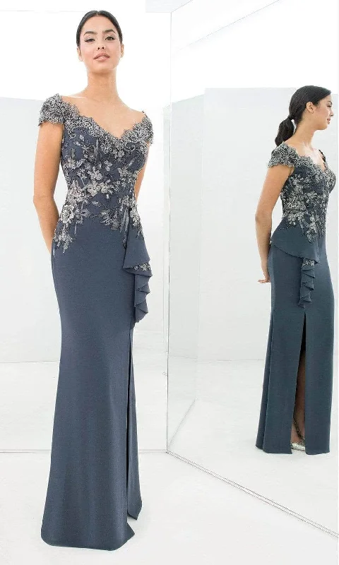 Sweet Flower Style Alexander by Daymor - Floral Embroidered Evening Gown 1392 - 1 pc Graphite In Size 16 Available