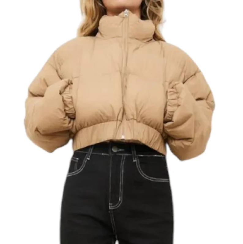 Retro Literary Style Bitzy Puffer Jacket In Beige