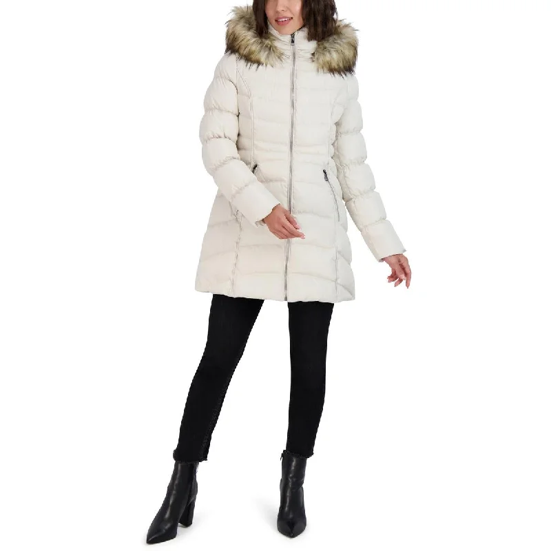 Street Letter Style Womens Faux Fur Trim Hooded Puffer Jacket
