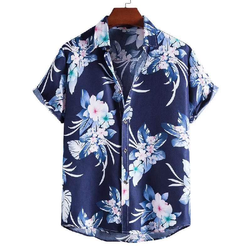 Letter embroidery Blue Floral Print Men's Summer Short Sleeves T Shirts