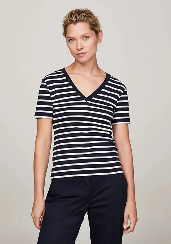 Sweet Korean Style Tommy Hilfiger V-Neck Slim Fit Striped T-Shirt, Dessert Sky