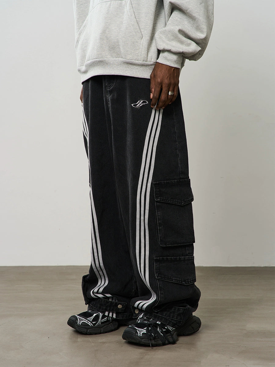 Retro Woolen Jacket HARSH and CRUEL Vintage Washed Curved-Striped Cargo Pants