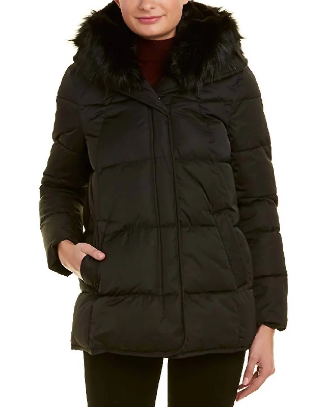 Street Fashion Style Morgan Faux-Fur Trim Puffer Short Coat In Black