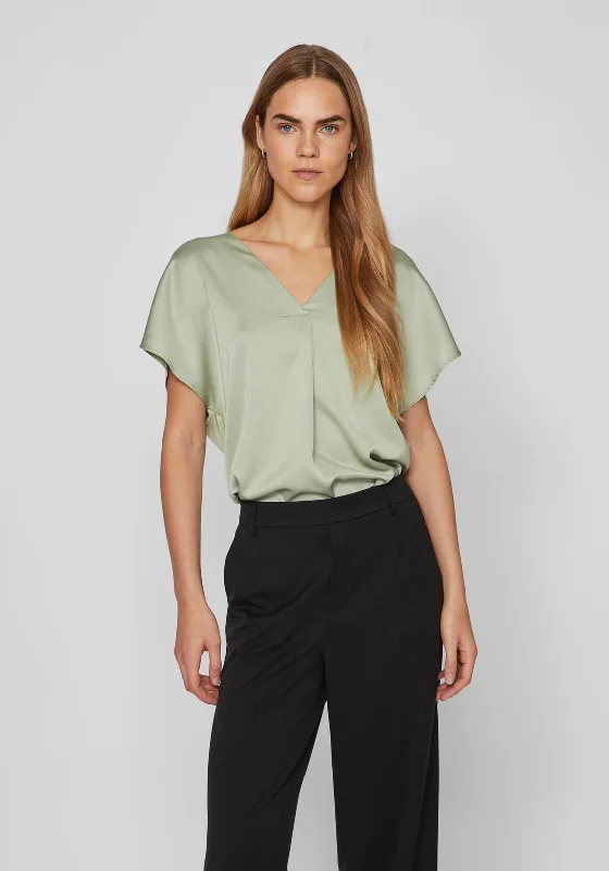 Personalized print Vila Ellette V-Neck Satin Top, Swamp Green
