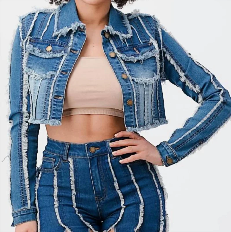 Retro Lace Fabric Frayed Jean Jacket In Denim