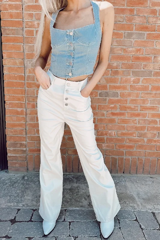 Retro Design Faux Leather Pants - White