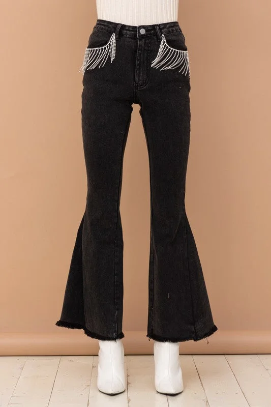 Black And White Style Rhinestone Bell Bottoms
