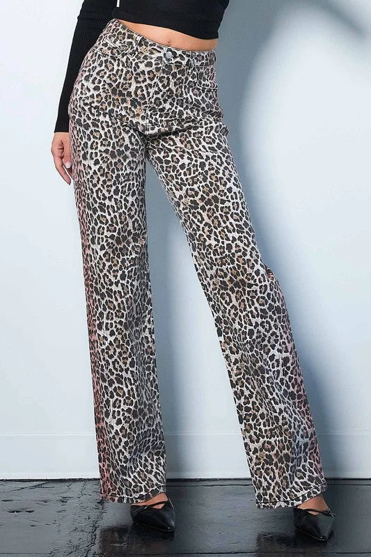 Sports Fitness Wear Wild Leopard Wide Leg Jeans
