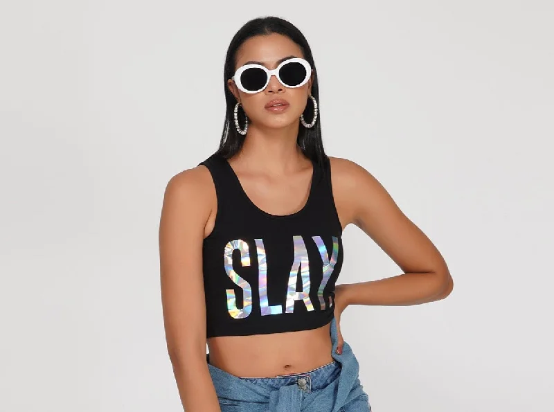 Avant-garde trend SLAY. Women's 💎 Edition Holographic Reflective Foil Print Crop Top