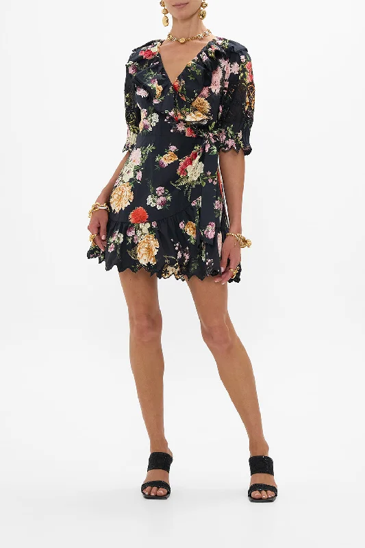 Sports Comfort Style MINI WRAP DRESS WITH PUFF SLEEVE ADORNED IN ALEXANDRIA