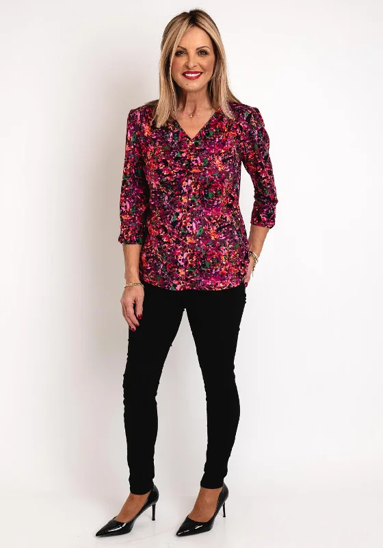 Design sense Leon Collection Tropical Print Ruched Top, Pink Multi