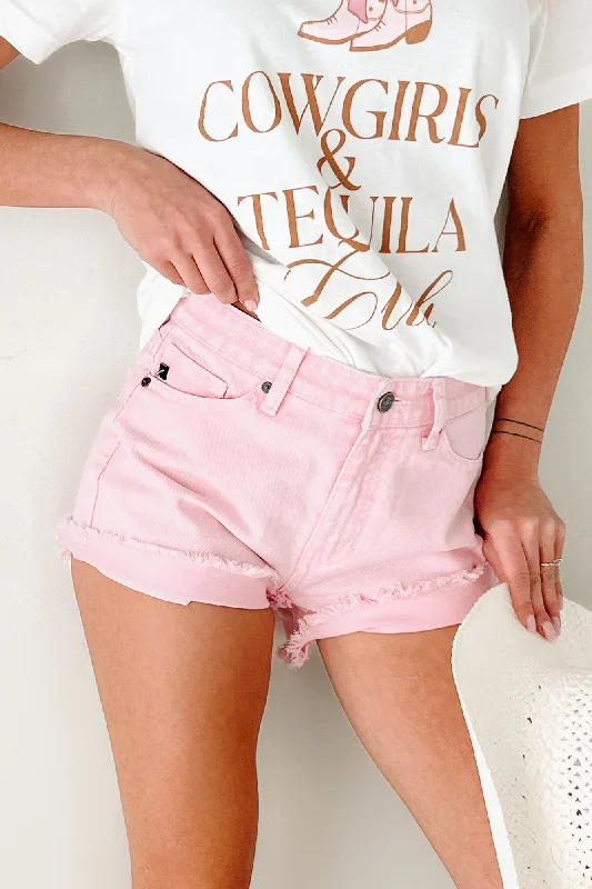 Retro Design Cheyenne High Rise Frayed Kancan Denim Shorts (Pink)