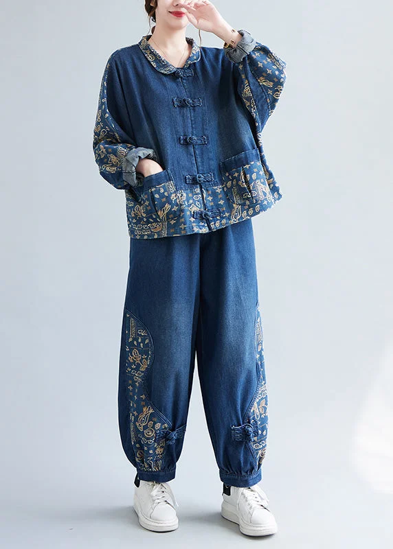 Literary Style Loose Denim Blue Peter Pan Collar Print Coats And Lantern Pants Two Pieces Set Spring Literary Style Loose Denim Blue Peter Pan Collar Print Coats And Lantern Pants Two Pieces Set Spring