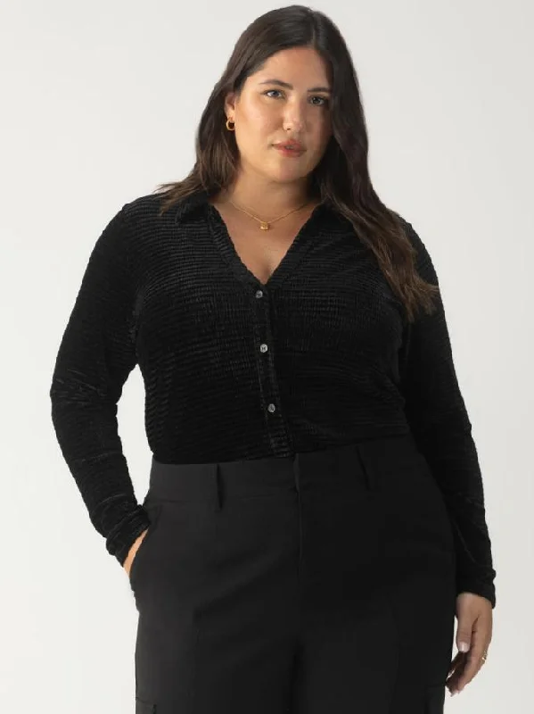 Hip-hop Style Textured Velvet Button Up Top Black Extended Sizing
