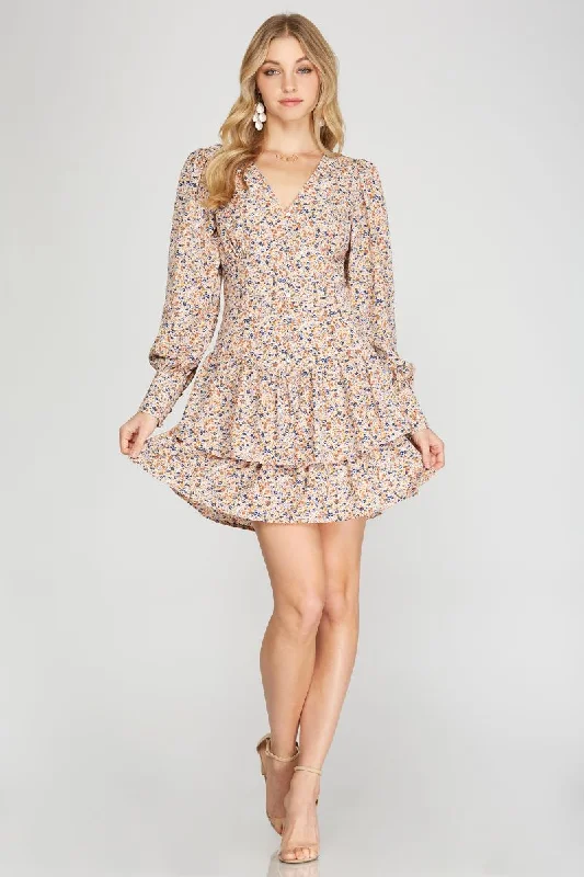 Black And White Style CREAM FLORAL PRINT BUTTON DOWN CUFF LONG SLEEVES MINI DRESS SS8703