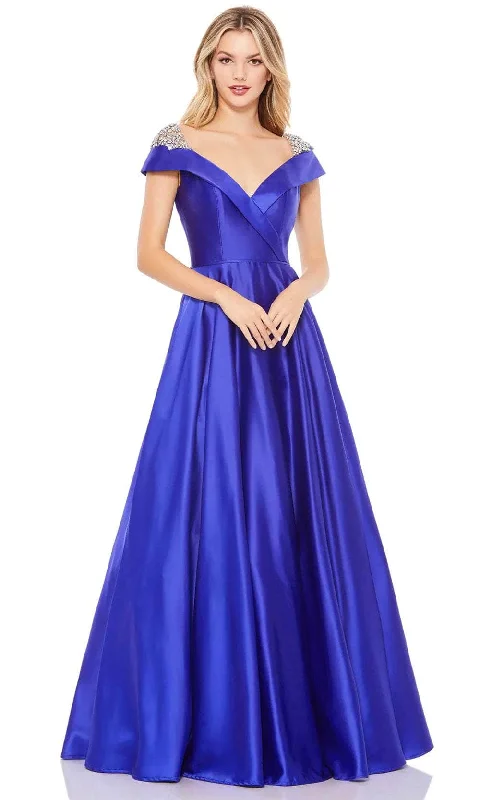 Retro Lace Fabric Mac Duggal 49239 - Satin V Neck A-Line Gown