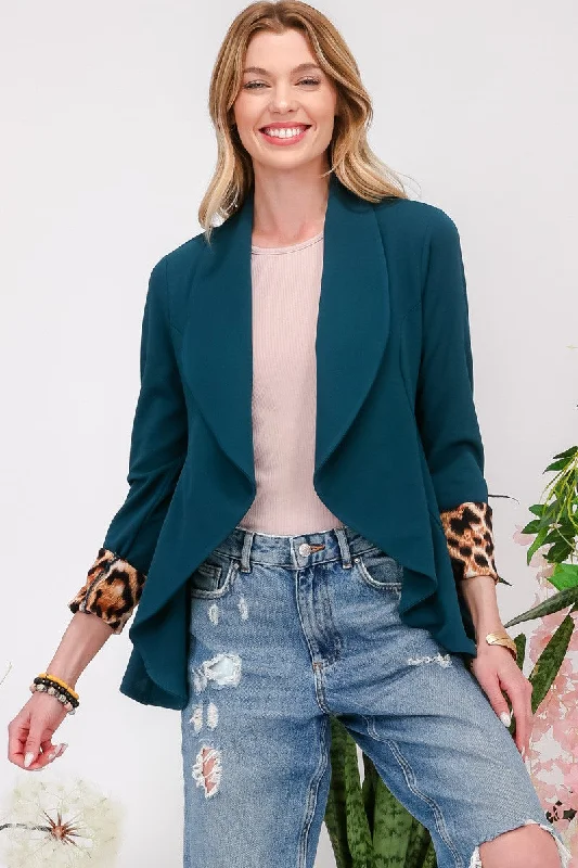 Fashionable sports Celeste Full Size Rolled Leopard Cuff Open Front Blazer