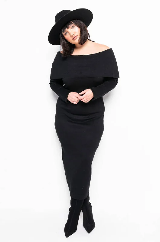 Street Style PLUS COZY AF OFF THE SHOULDER MIDI SWEATER DRESS BLACK