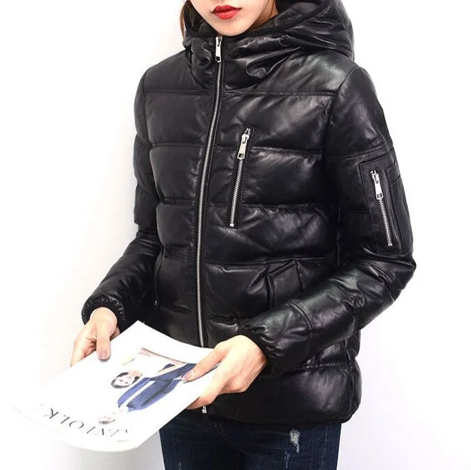 Sweet Flower Style Genuine Leather Jacket Duck Down Bomber