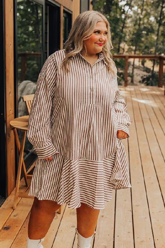 Sweet Unique Design Stripe A Pose Mini Dress in Brown Curves