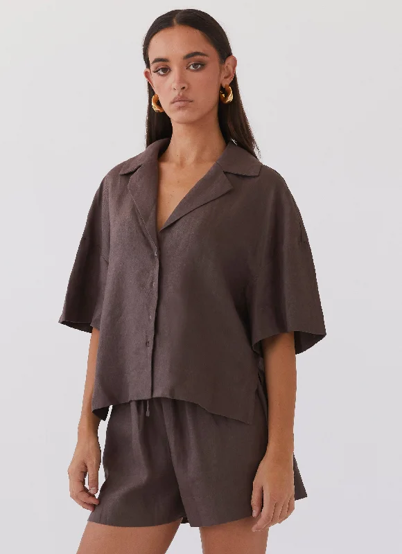 Sports Yoga Style Chelsea Lounge Linen Shirt - Chestnut