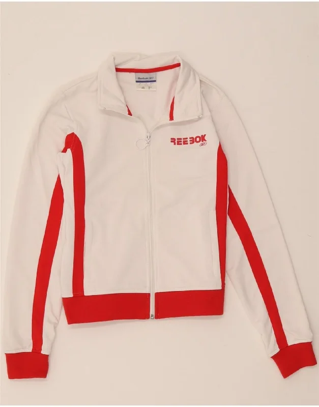 Sweet Soft Feeling REEBOK Womens Graphic Tracksuit Top Jacket UK 12 Medium White Colourblock Sweet Soft Feeling REEBOK Womens Graphic Tracksuit Top Jacket UK 12 Medium White Colourblock