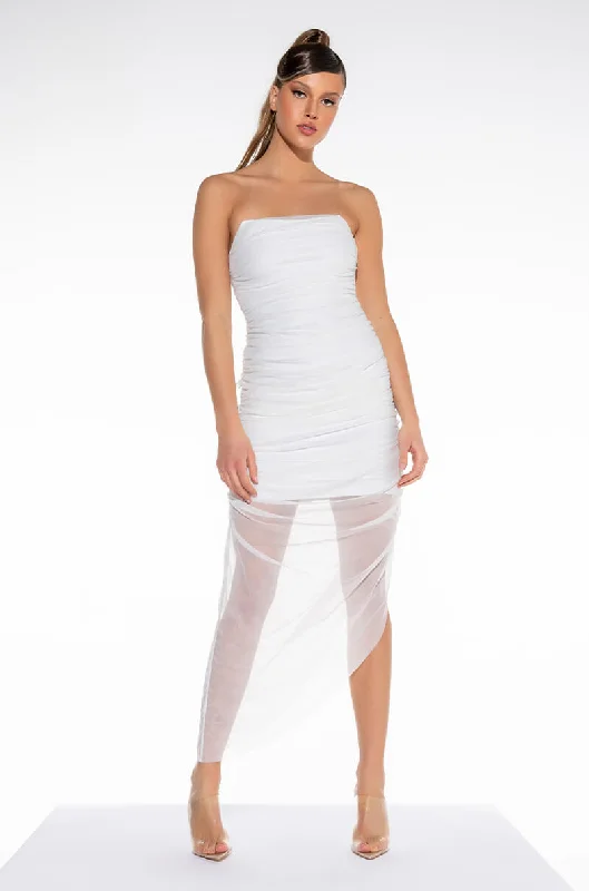 Fashionable and casual LOVE ME MORE TUBE RUCHED MESH MIDI DRESS