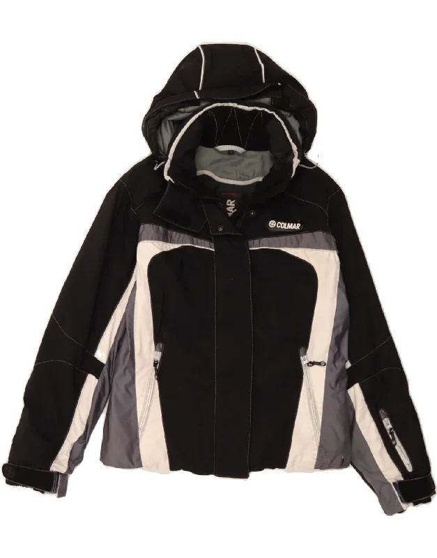 Retro Style COLMAR Womens Hooded Ski Jacket IT 42 Medium Black Colourblock