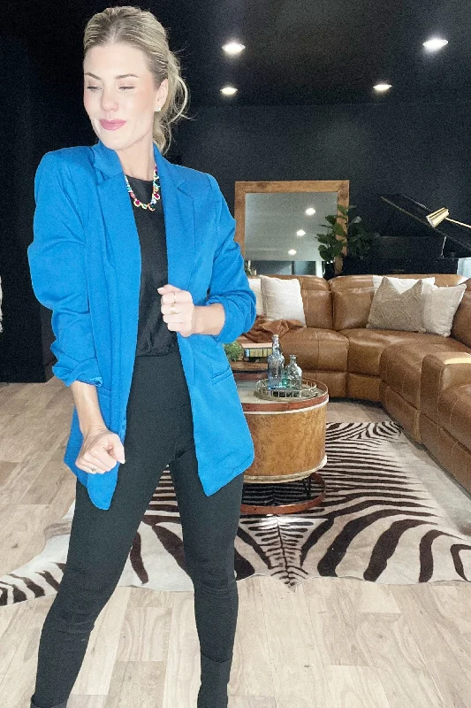 Sports High Waist Style Blue Open Front Blazer
