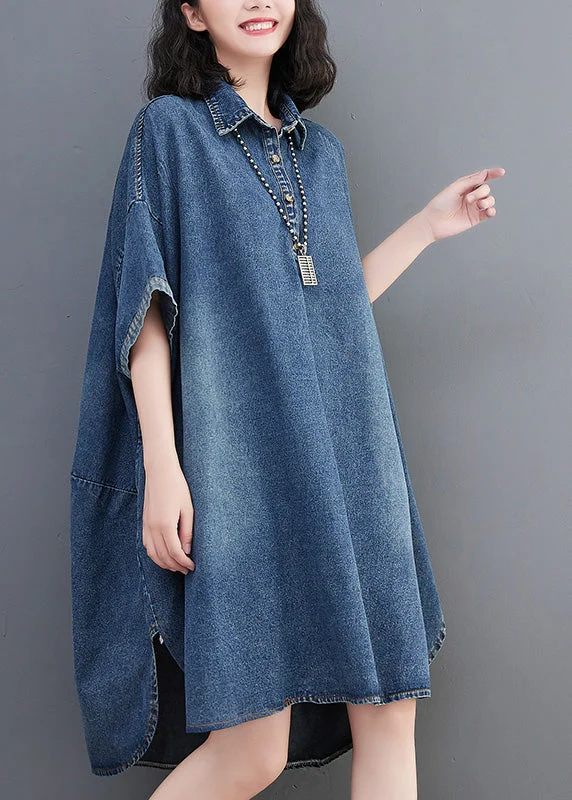 Sweet Pink Color Loose Blue Button Side Open Maxi Denim Dress Summer