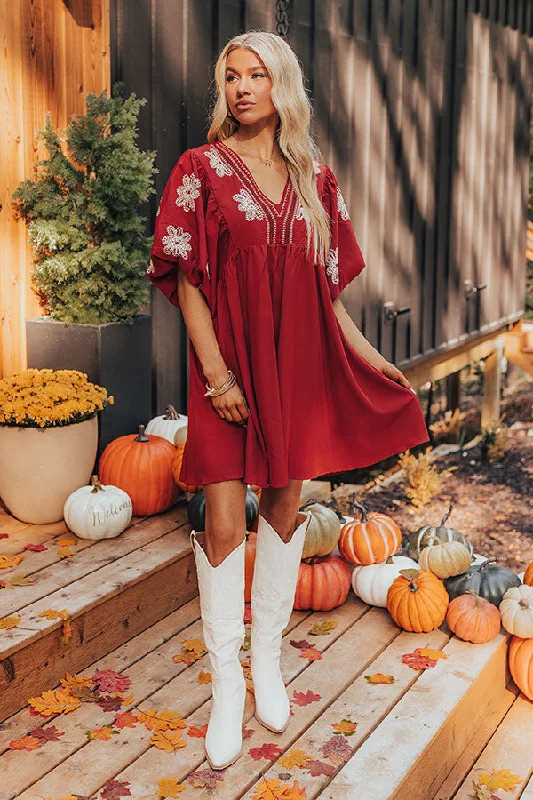 Street Style Tucson Sunsets Embroidered Mini Dress in Dark Scarlet