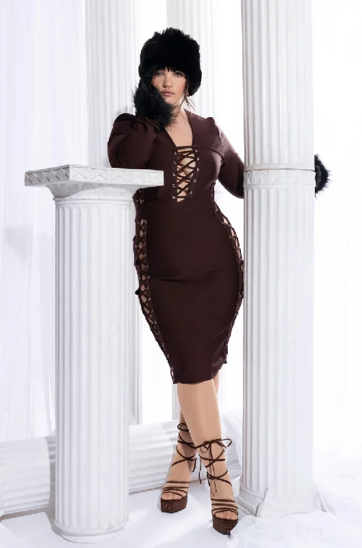Round neck design PLUS DON'T NEED NO MAN BANDAGE MIDI DRESS