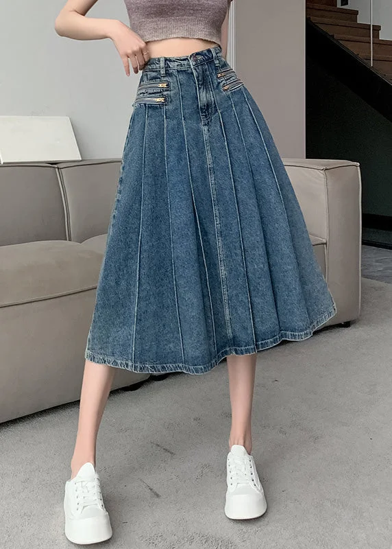 Sweet Lace Design Modern Navy High Waist Zip Up Denim Pleated Skirt Summer