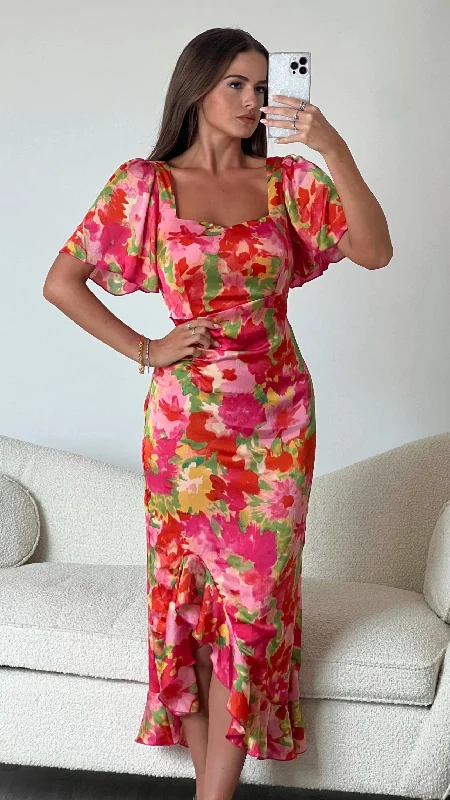 Sweet Small Flower Pattern Erica Orange Floral Burnout Ruched Midi Dress